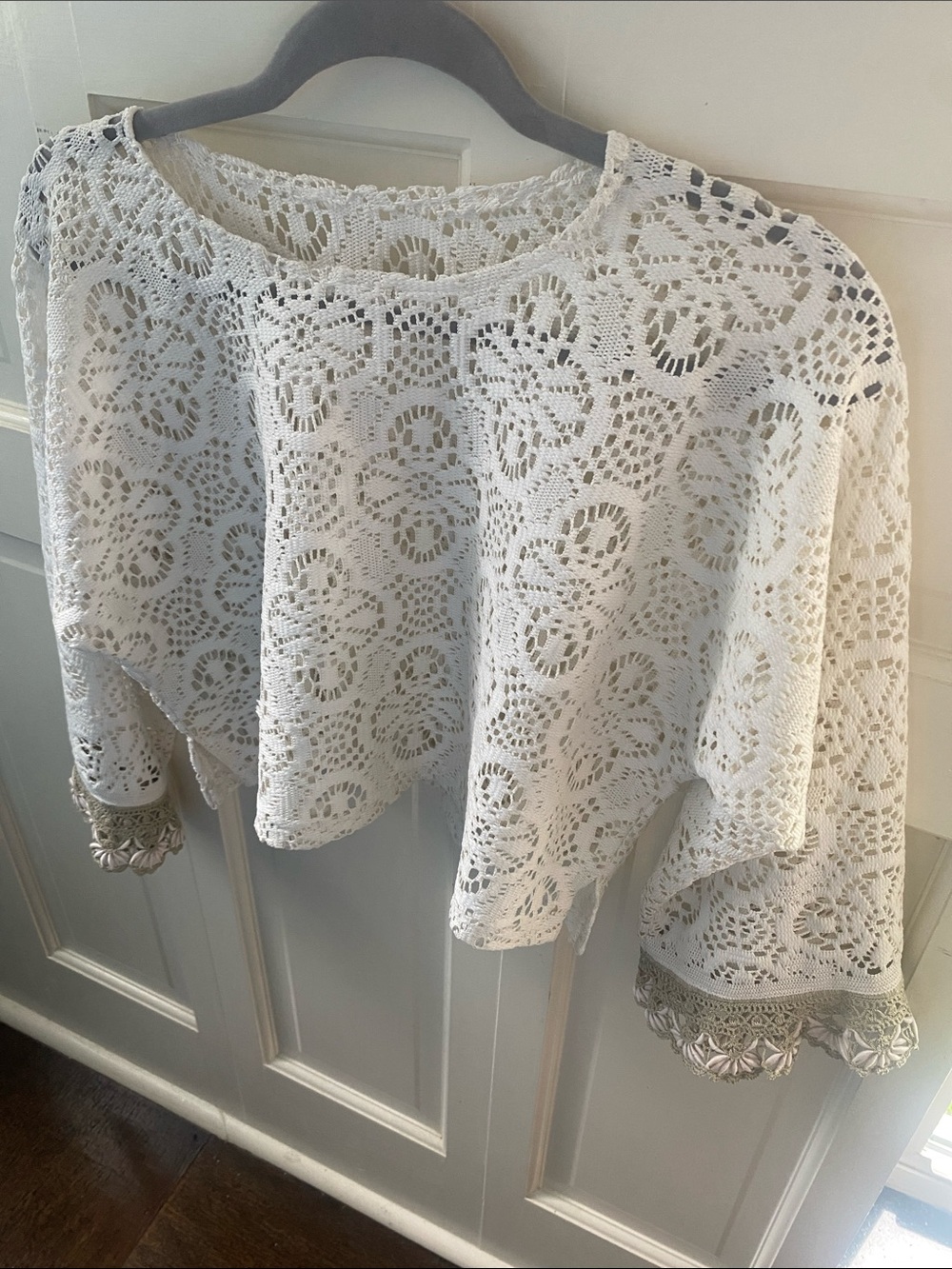 Women's White Crochet Lace Bell Sleeve Blouse